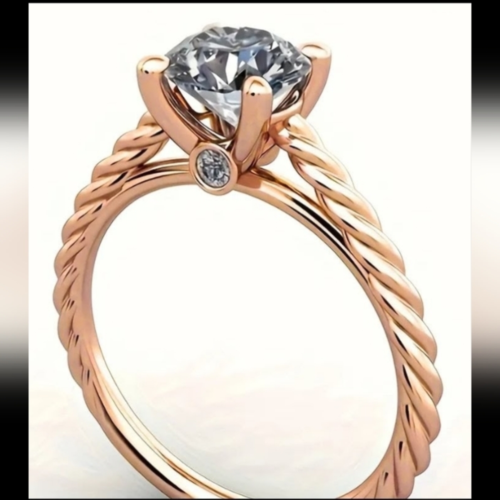 Rose Gold Twisted Solitaire Band Ring Round‑Cut CZ Size 8